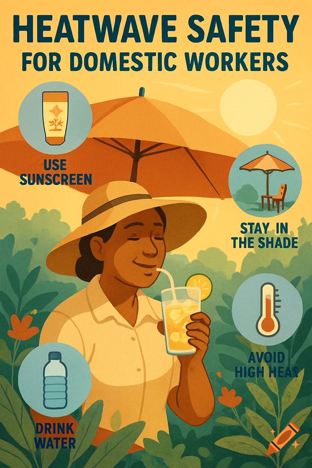 An illustration of a heatwave safety poster for domestic workers. A person drinks water under a sun umbrella, surrounded by icons.