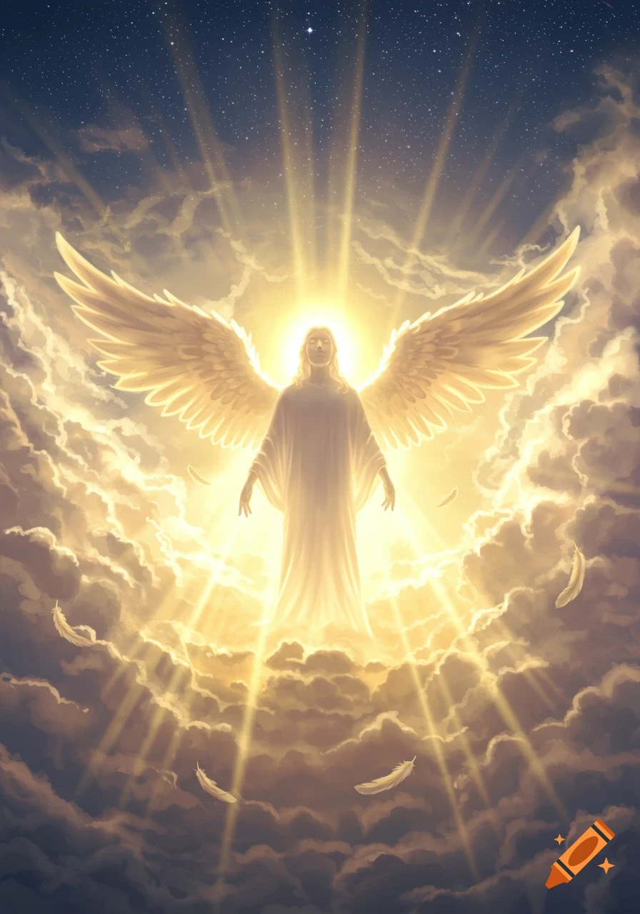 A majestic angel with large white wings stands glowing amidst golden clouds and light rays against a starry sky.