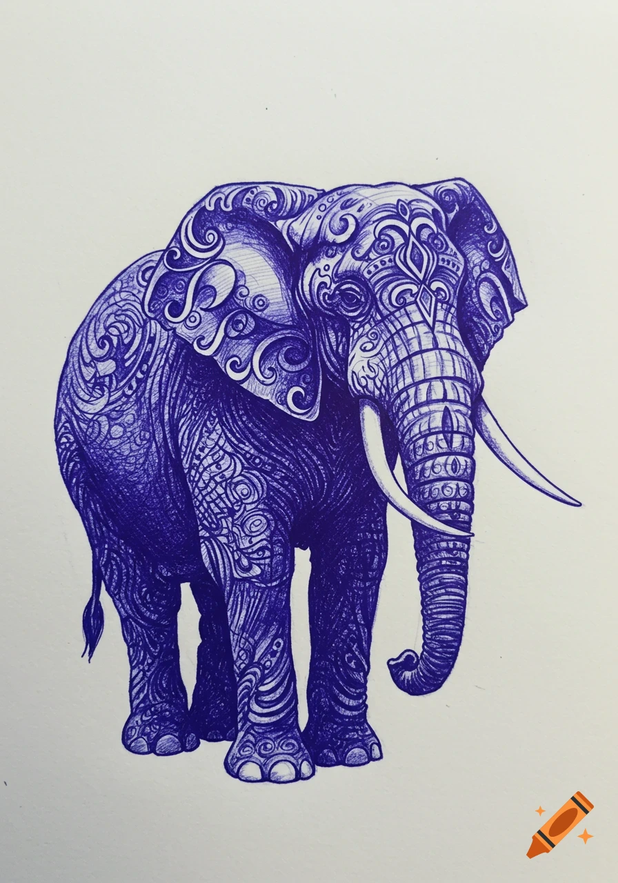 An intricate Aubrey Beardsley style drawing of an elephant, created with a blue ballpoint pen.