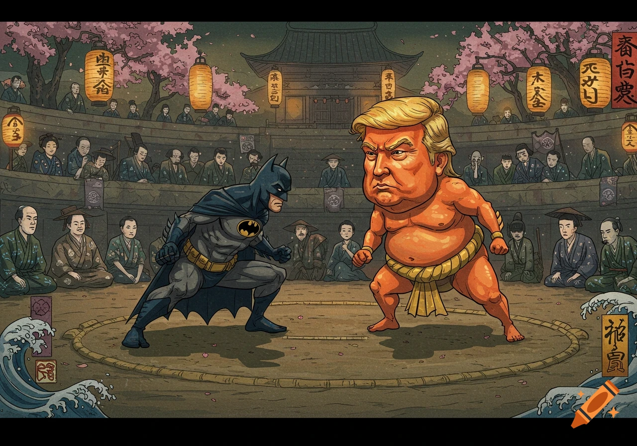 Cartoon Batman battles a sumo-wrestling Donald Trump in a traditional Japanese setting with cherry blossoms and lanterns.