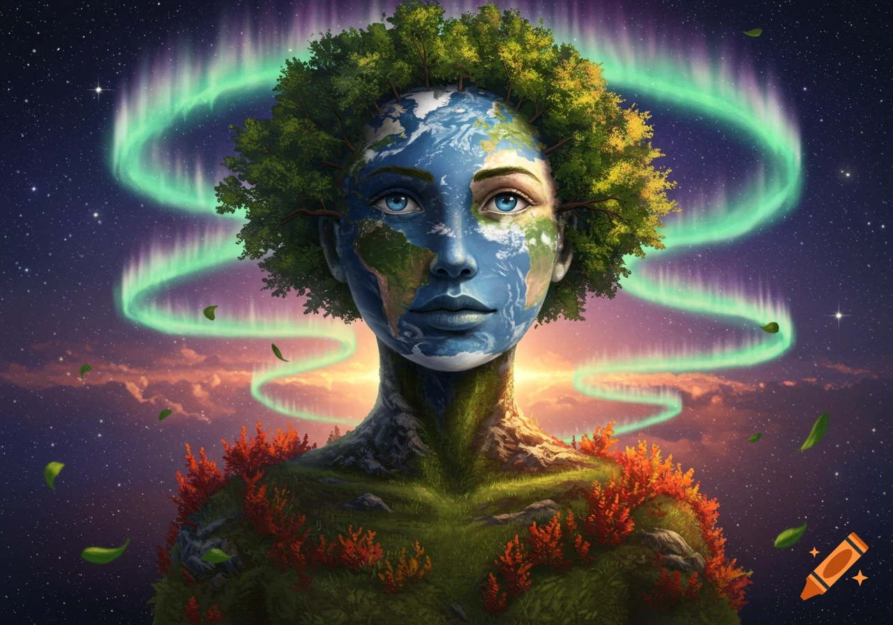 A surreal woman with the Earth's map on her face, trees for hair, and a mossy body, under a starry sky with aurora and sunset.