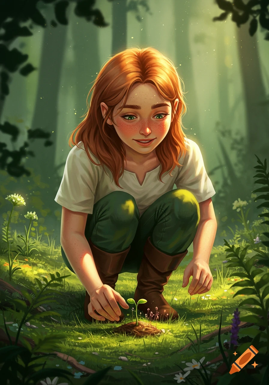 A smiling young girl with red hair squats in a sunlit forest, gently planting a small seedling, digital painting.