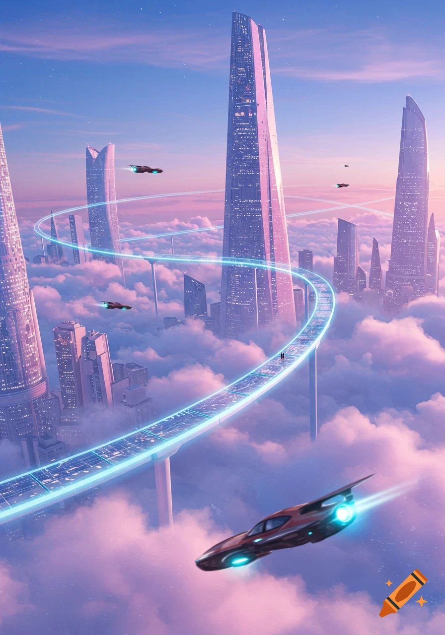 A futuristic cityscape above clouds with towering buildings, glowing glass bridges, and flying cars, rendered in soft pastel colors.