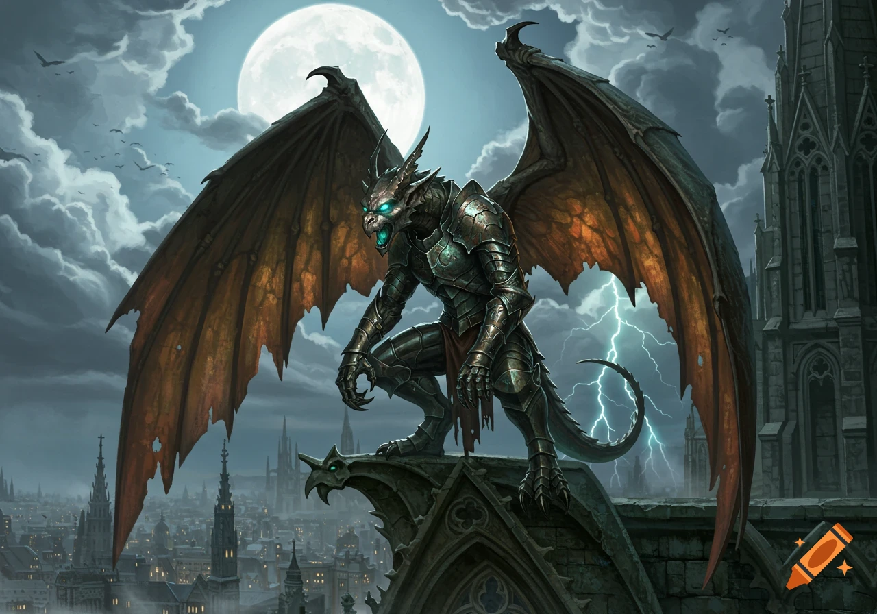 A detailed armored gargoyle with glowing eyes perches on a gothic cathedral overlooking a city under a full moon and stormy sky.