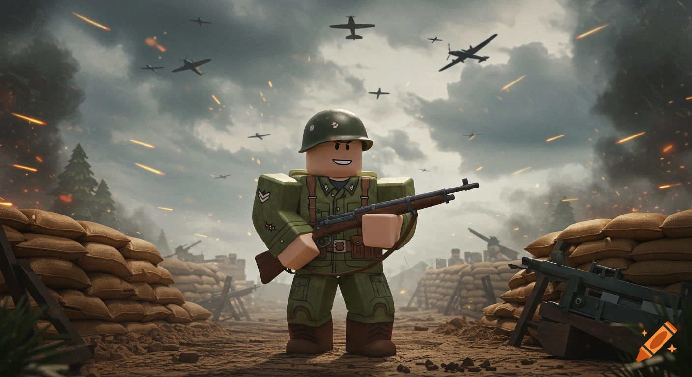 A Roblox-style soldier in a green uniform and helmet stands on a muddy battlefield with sandbags, holding a rifle. Planes fly in a cloudy, smoky sky with explosions.