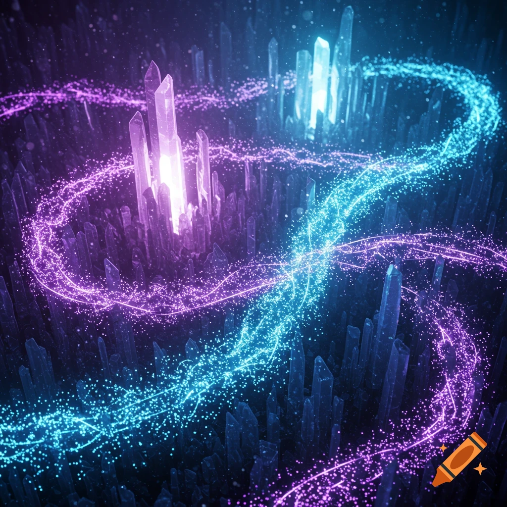 Abstract digital art of glowing purple and blue crystals with intertwining light trails in a dark, ethereal landscape.