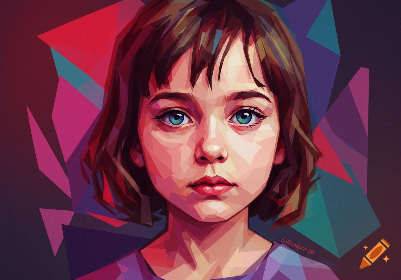 A cubist-style portrait of a young girl with blue eyes, composed of geometric shapes in vibrant colors.