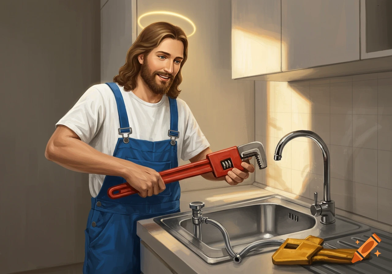 Jesus with a halo, wearing blue overalls and a white shirt, holding a red wrench while working on a kitchen sink, smiling.
