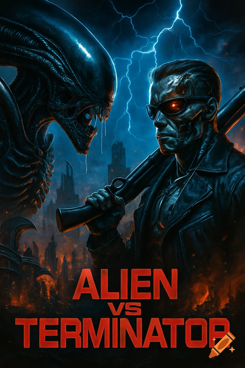 A dark, dramatic movie poster showing a Xenomorph Alien facing off against a Terminator holding a shotgun, set against a stormy, apocalyptic cityscape with lightning. The title reads "ALIEN VS TERMINATOR".
