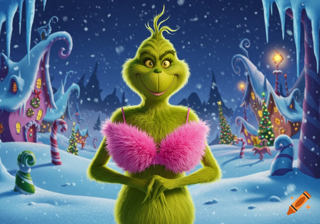 The Grinch in a pink fluffy bra stands in a snowy Whoville village.
