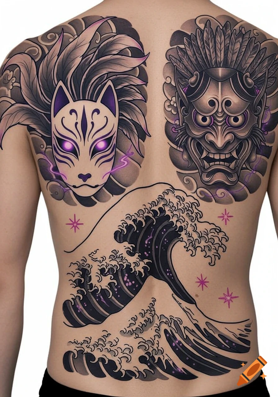 A full back tattoo features a kitsune mask and a tengu mask on the upper back, with a large stylized black and purple wave design on the lower back.