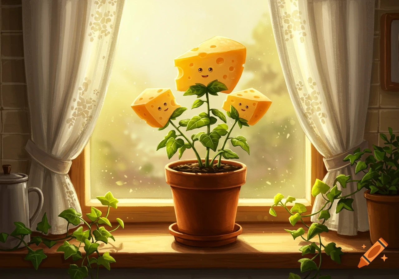 A whimsical illustration of a potted plant on a windowsill with smiling cheese slices instead of flowers, bathed in warm sunlight.