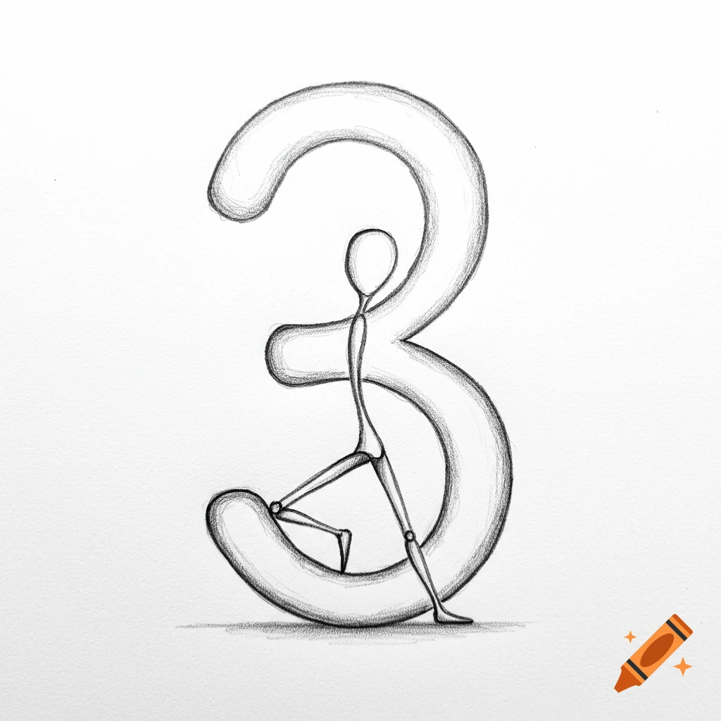 Pencil drawing of a stick figure doing a yoga pose, integrated with a large number 3.