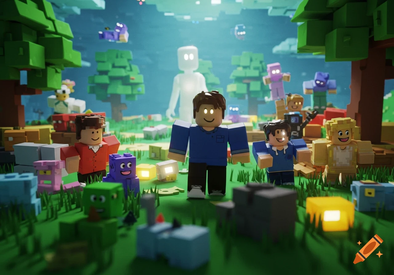 A group of Roblox-style block characters in a vibrant voxel world, with a glowing ethereal figure in the background.