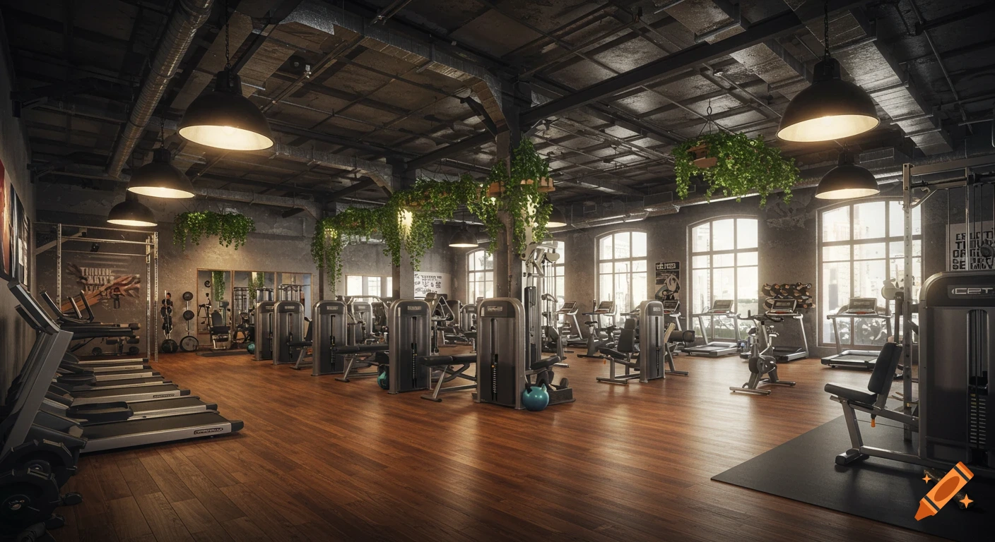 A wide, photorealistic view of a modern industrial-style gym with various exercise machines, large arched windows, and hanging greenery.