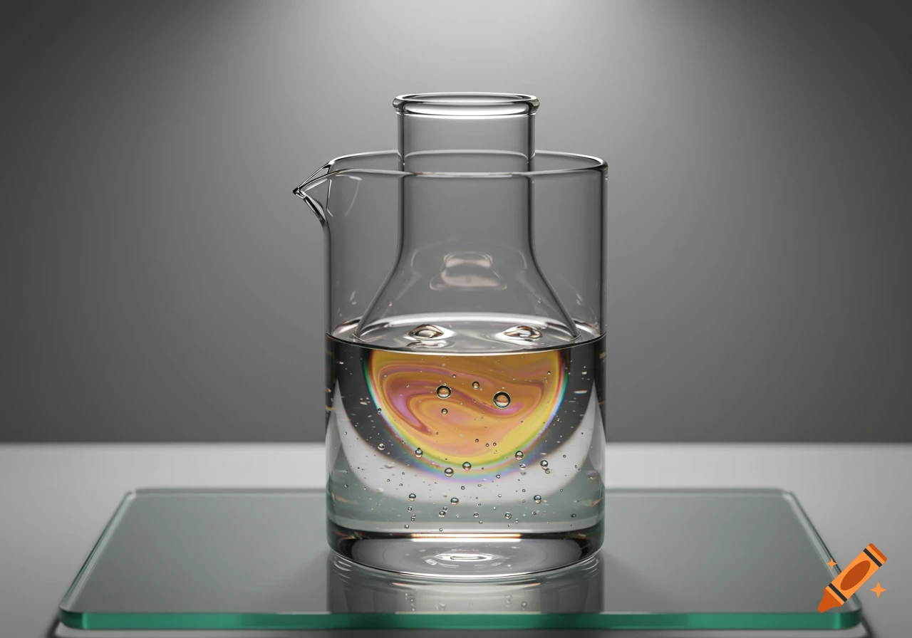 A photorealistic close-up of a glass beaker holding clear liquid and an oily, colorful substance with bubbles, on a glass surface.