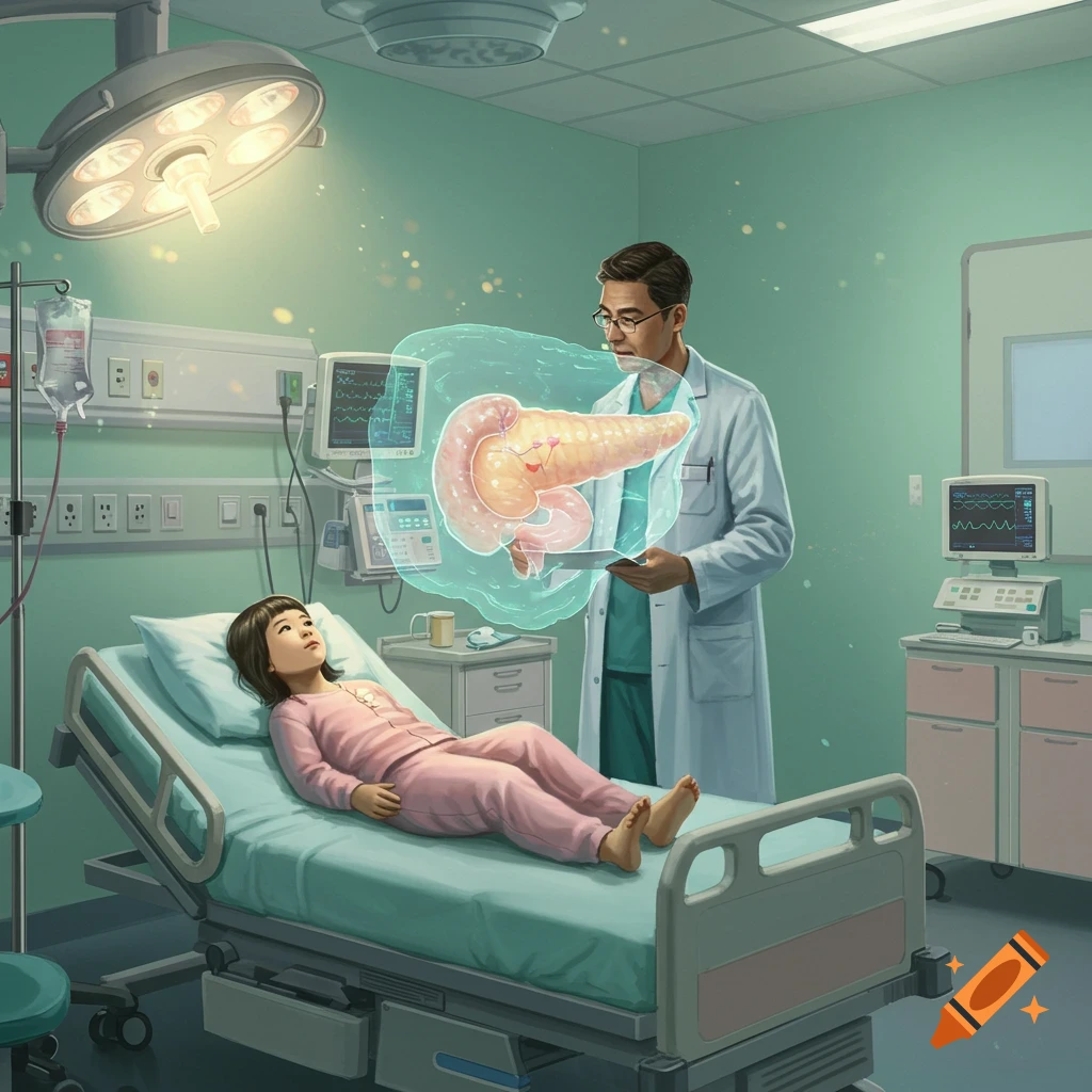 A doctor shows a young girl lying in a hospital bed a glowing holographic image of a pancreas.