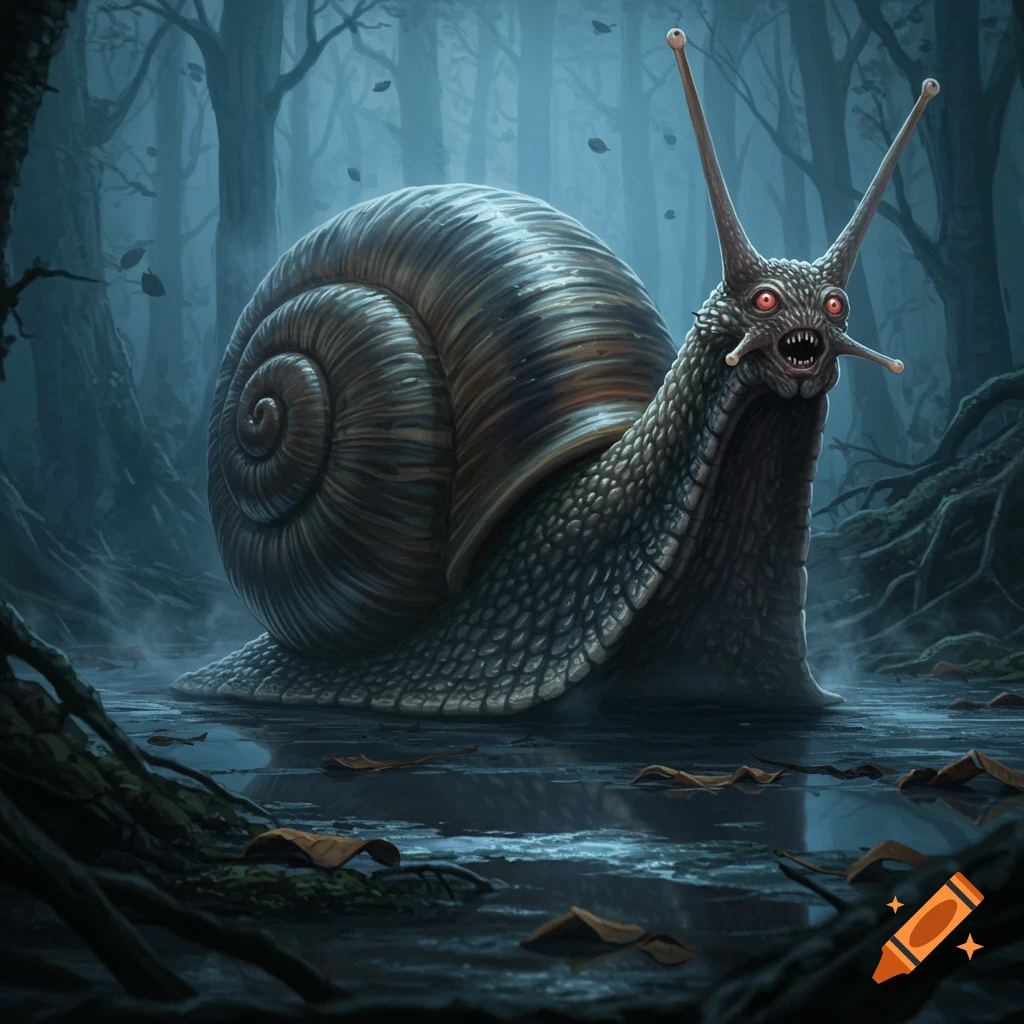 A monstrous snail with glowing red eyes, sharp fangs, and a large shell emerges from misty swamp water in a dark fantasy forest.