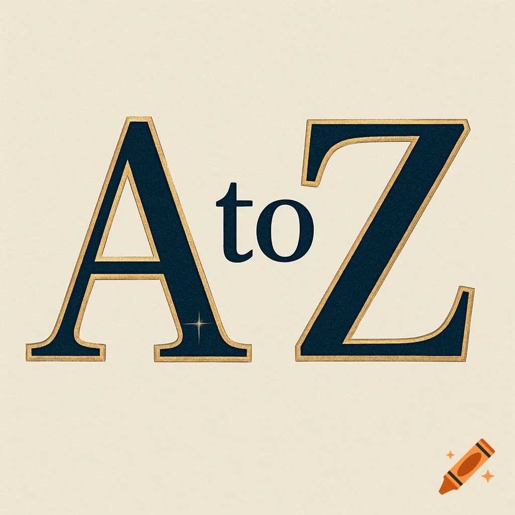 Stylized text 'A to Z' in dark blue with a gold outline on a cream background, with a subtle sparkle.