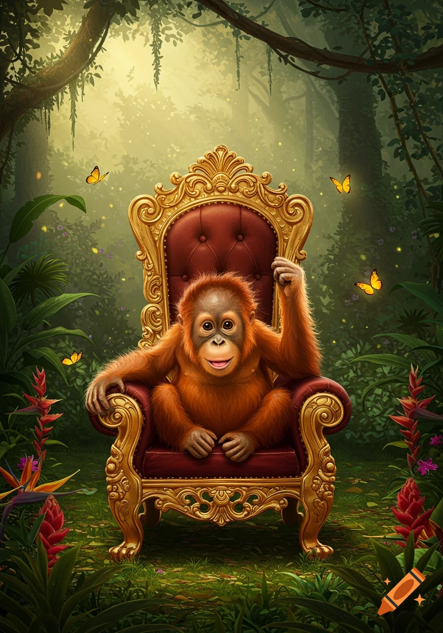 A cute orangutan sits regally on an ornate gold and red throne in a lush, sunlit jungle with butterflies.