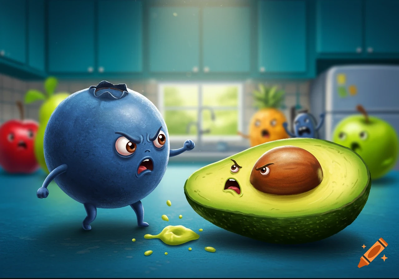 Cartoon blueberry furiously yells at a cut avocado, both with angry faces, on a kitchen counter, with scared fruits in the background.
