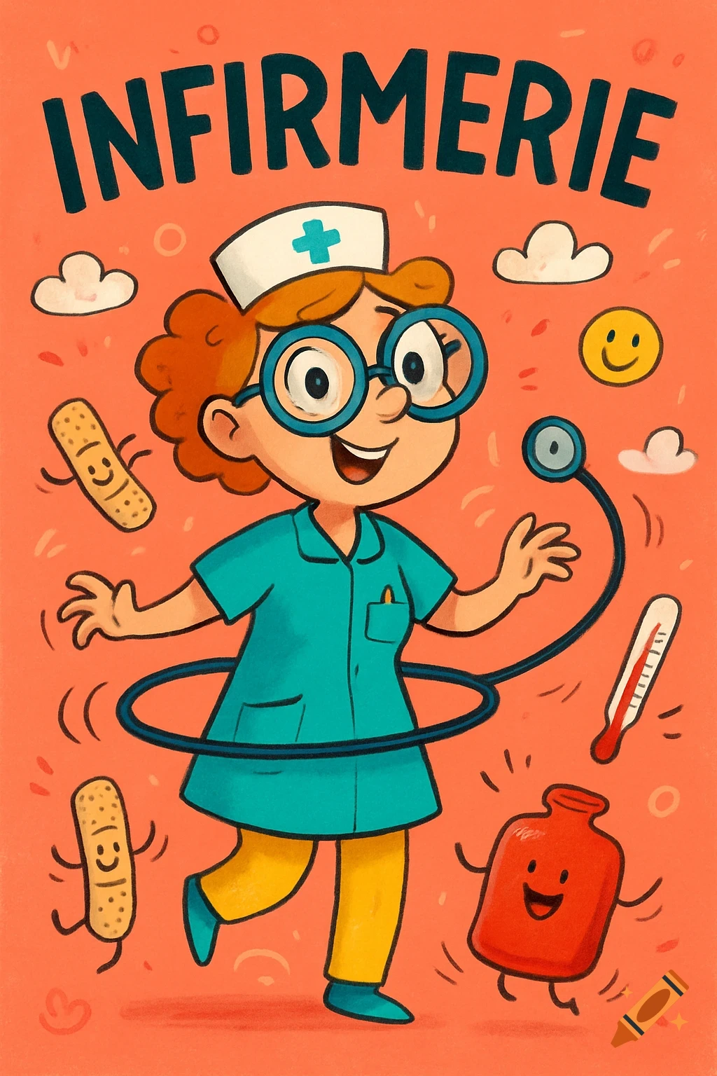 Humorous cartoon illustration of a smiling nurse with medical supplies like a stethoscope, thermometer, and bandages, on an orange background with 'INFIRMERIE' text.