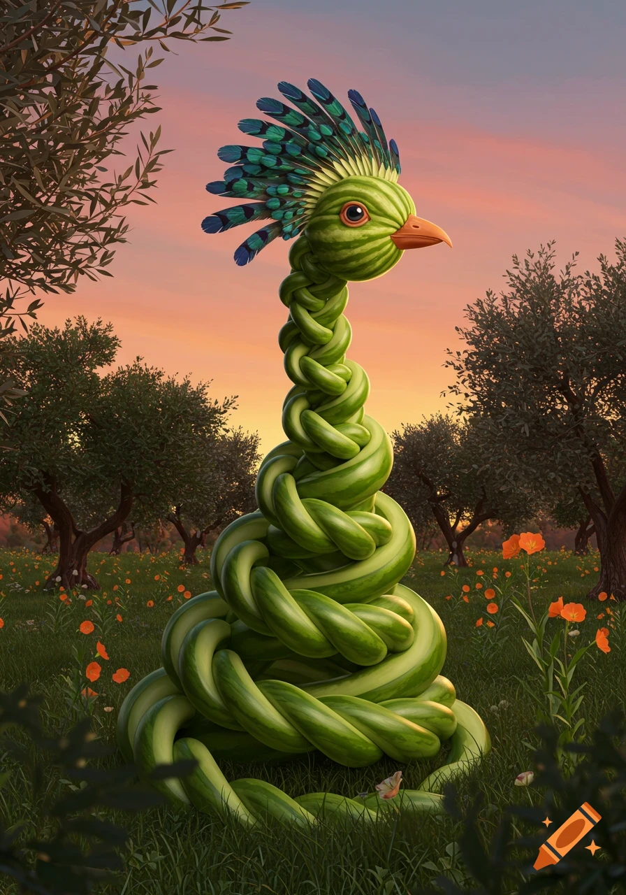 A whimsical bird-like creature with a watermelon head and a braided body made of watermelon pieces, stands in a field of olive trees and orange flowers at sunset.