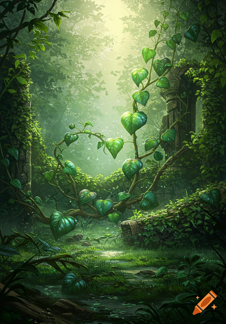 Lush green forest scene with heart-shaped ivy growing over ancient ruins, bathed in soft, ethereal sunlight.