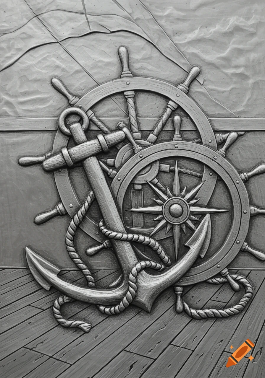 A monochromatic bas-relief of a ship's anchor entwined with rope, leaning against a ship's wheel with a compass rose, all on a textured deck.