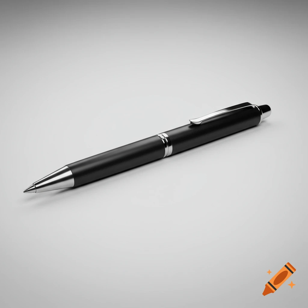 A photorealistic black and silver ballpoint pen lying on a light grey surface.