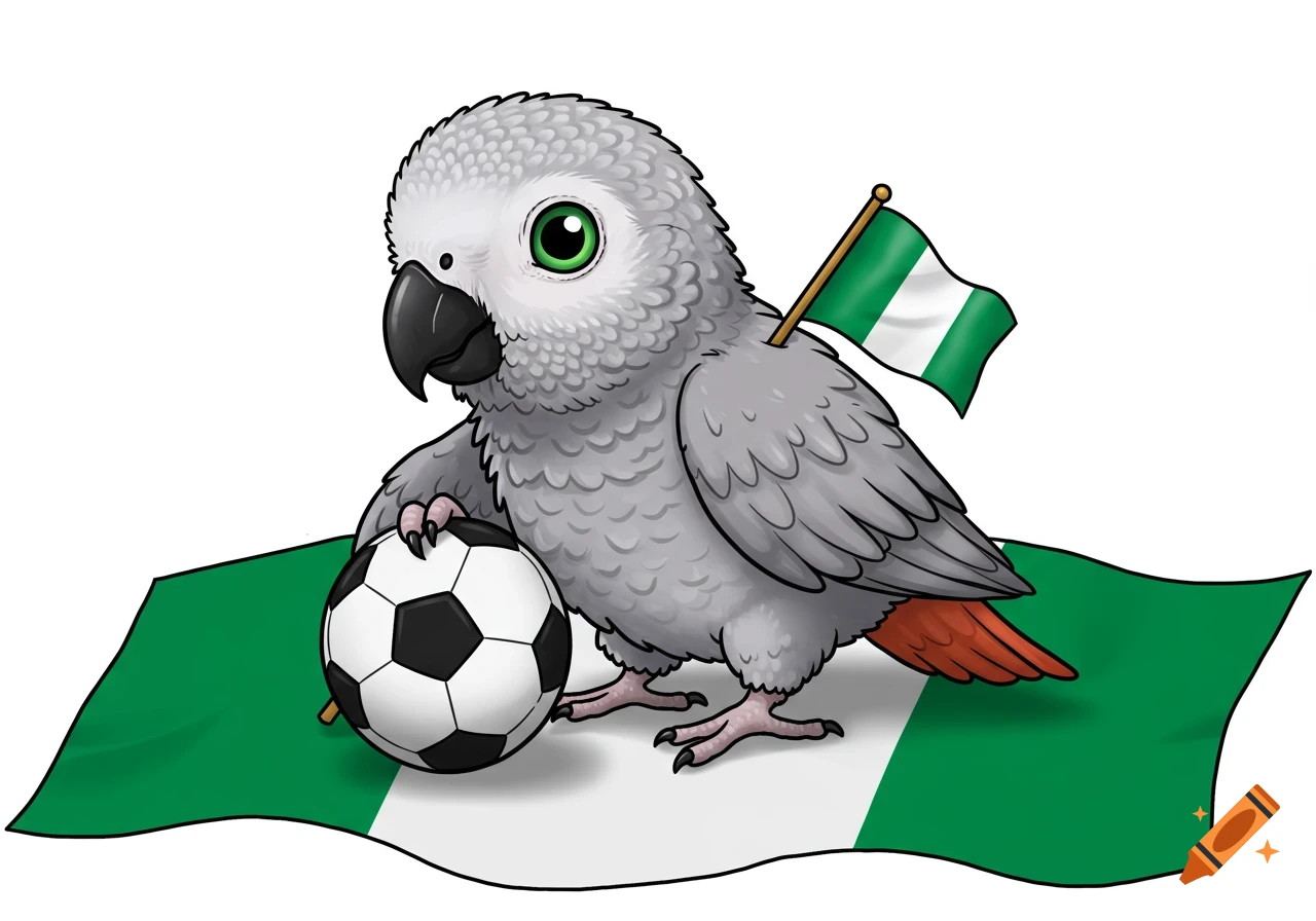 A cute cartoon grey parrot with green eyes holds a soccer ball, standing on a Nigerian flag, with another Nigerian flag behind it.