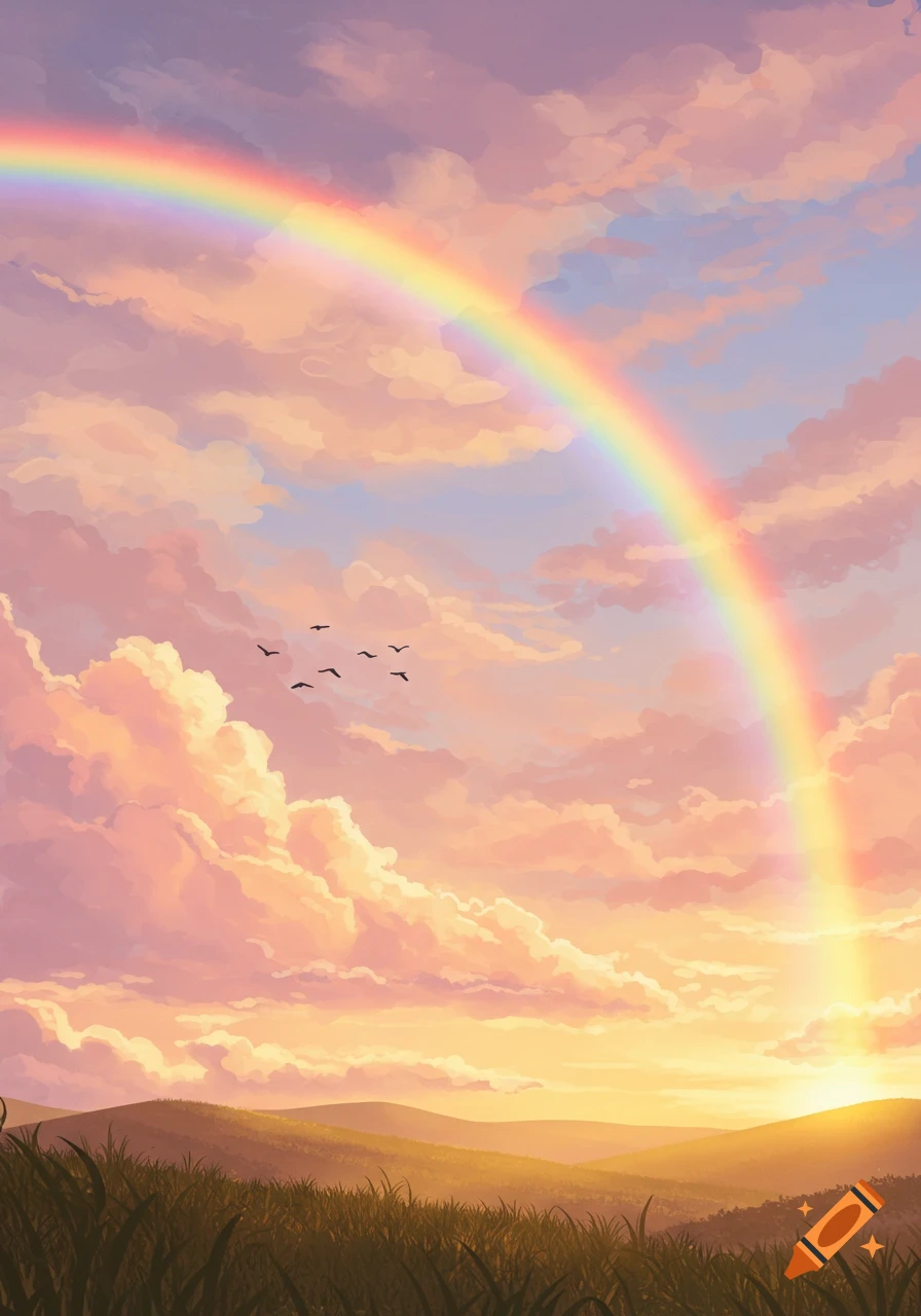 A vibrant rainbow stretches across a pastel sky with fluffy clouds over rolling green hills and grass at sunset, with birds flying.