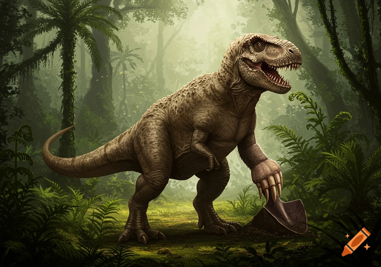 A T-Rex and mole hybrid dinosaur with a shovel-like claw on its hand stands in a lush, misty jungle.