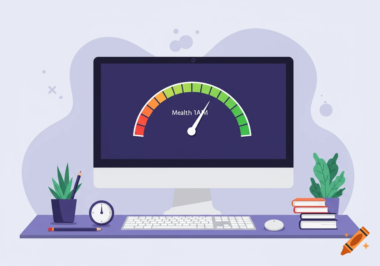 Cartoon illustration of a computer with a health gauge on its screen, set on a desk with plants and books.