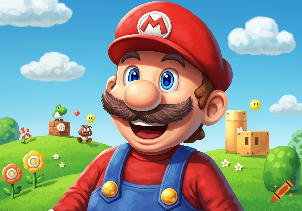 A happy Mario smiles broadly, close up, with Yoshi, a Goomba, blocks, and flowers in a bright green and blue Super Mario landscape.