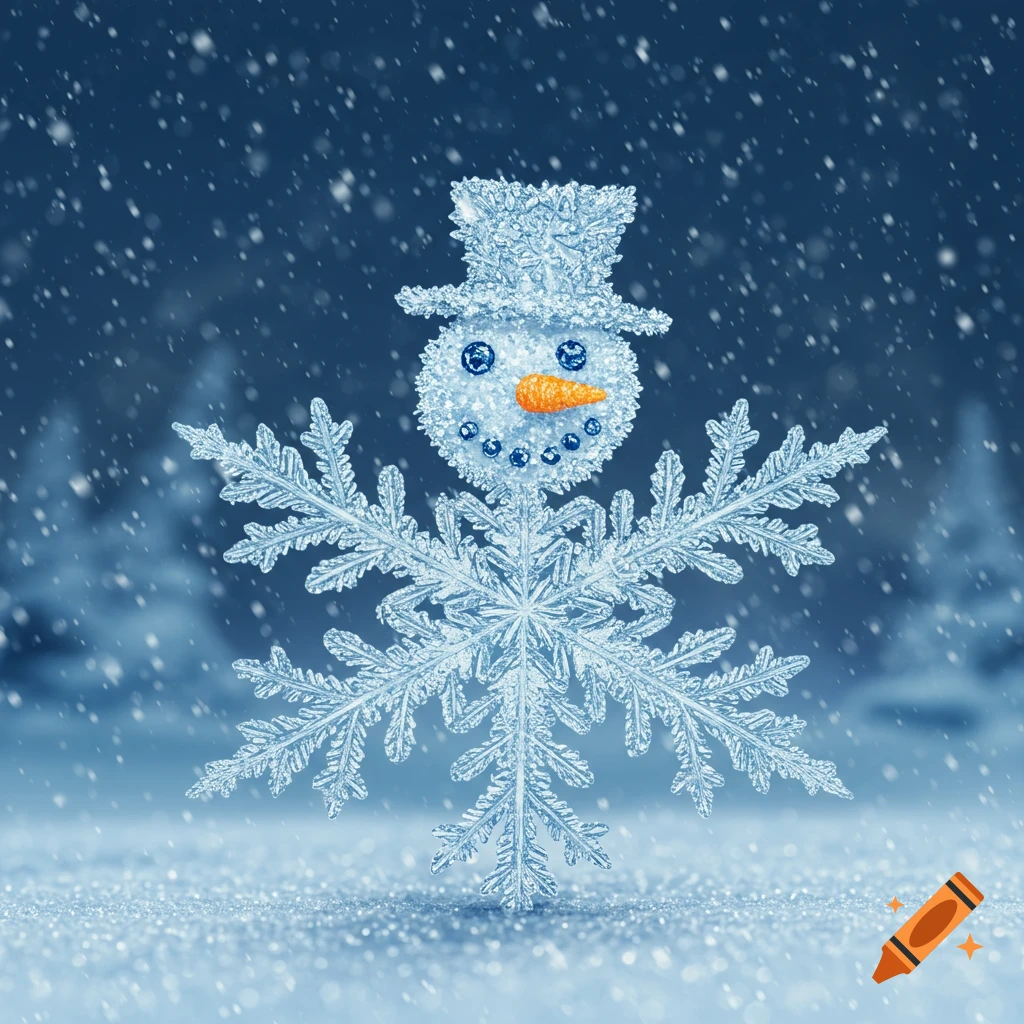 A glittery snowman made of a large snowflake stands in a snowy forest with falling snow.