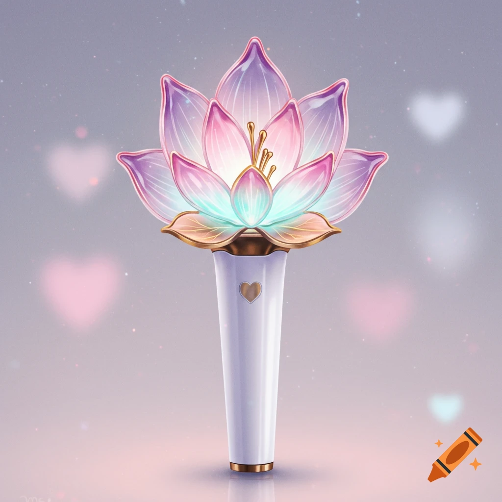 A glowing, stylized lotus flower light stick with iridescent pink and teal petals, gold accents, and a white handle, on a sparkling background with blurred hearts.