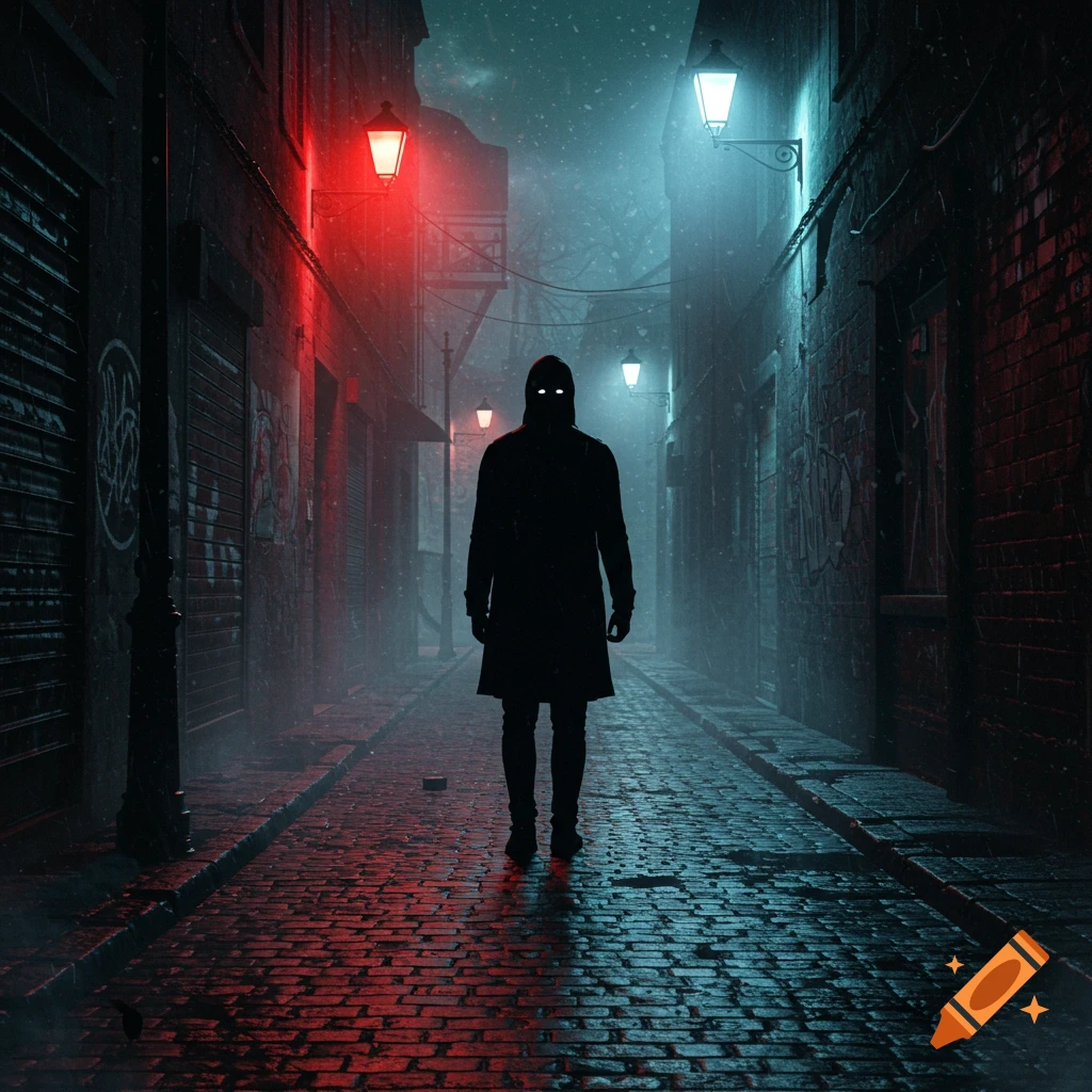 A shadowy figure with glowing white eyes stands in a dark, wet cobblestone alley illuminated by red and blue streetlights.