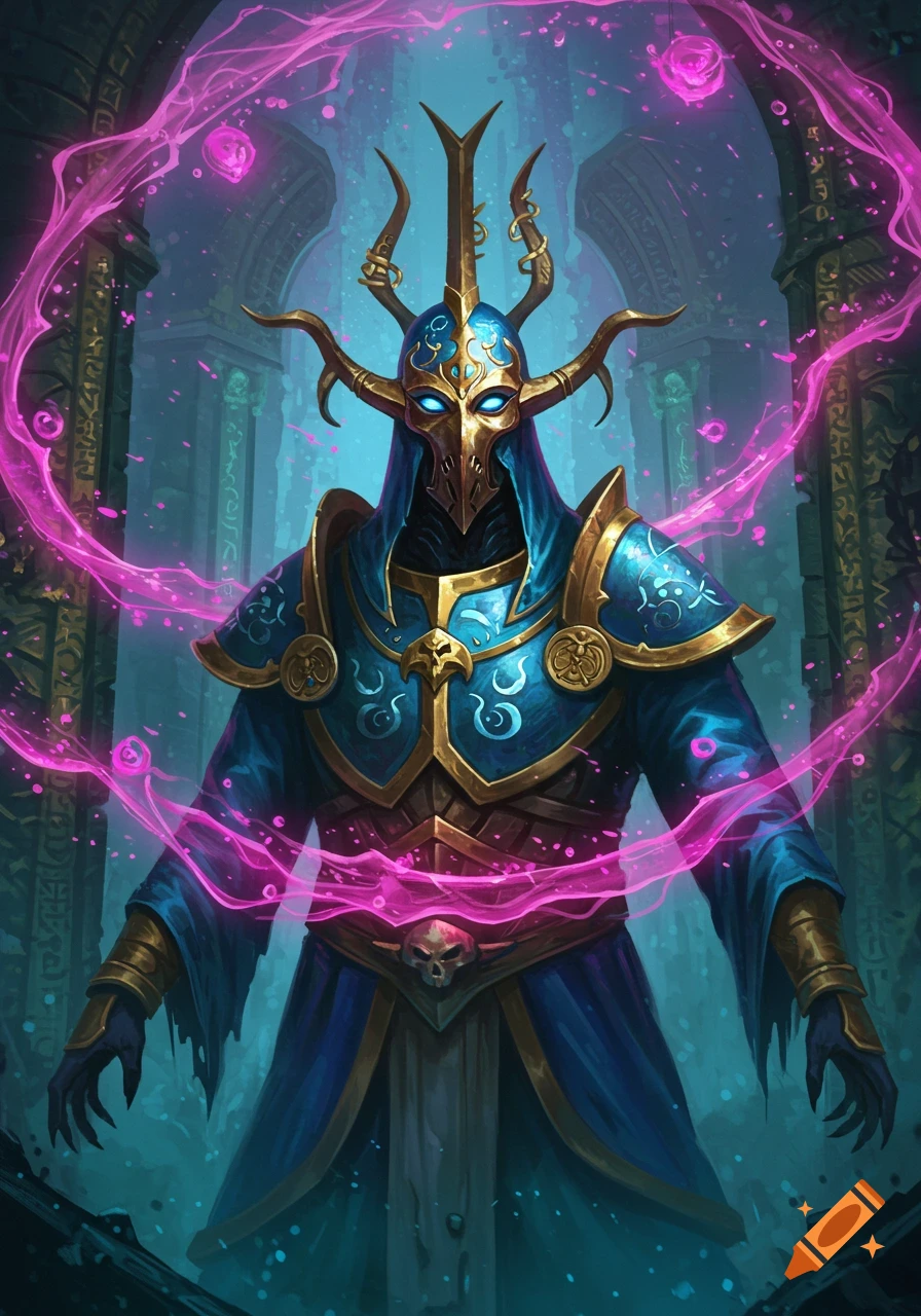 A dark fantasy figure in a horned golden mask and blue robe, with glowing blue eyes, surrounded by swirling pink magic in a ruined temple.