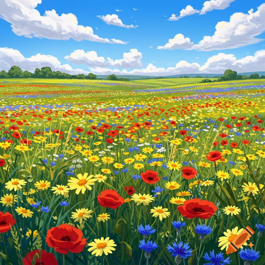 A vibrant, stylized illustration of a flower meadow bursting with red poppies, yellow daisies, and blue cornflowers under a bright blue sky.
