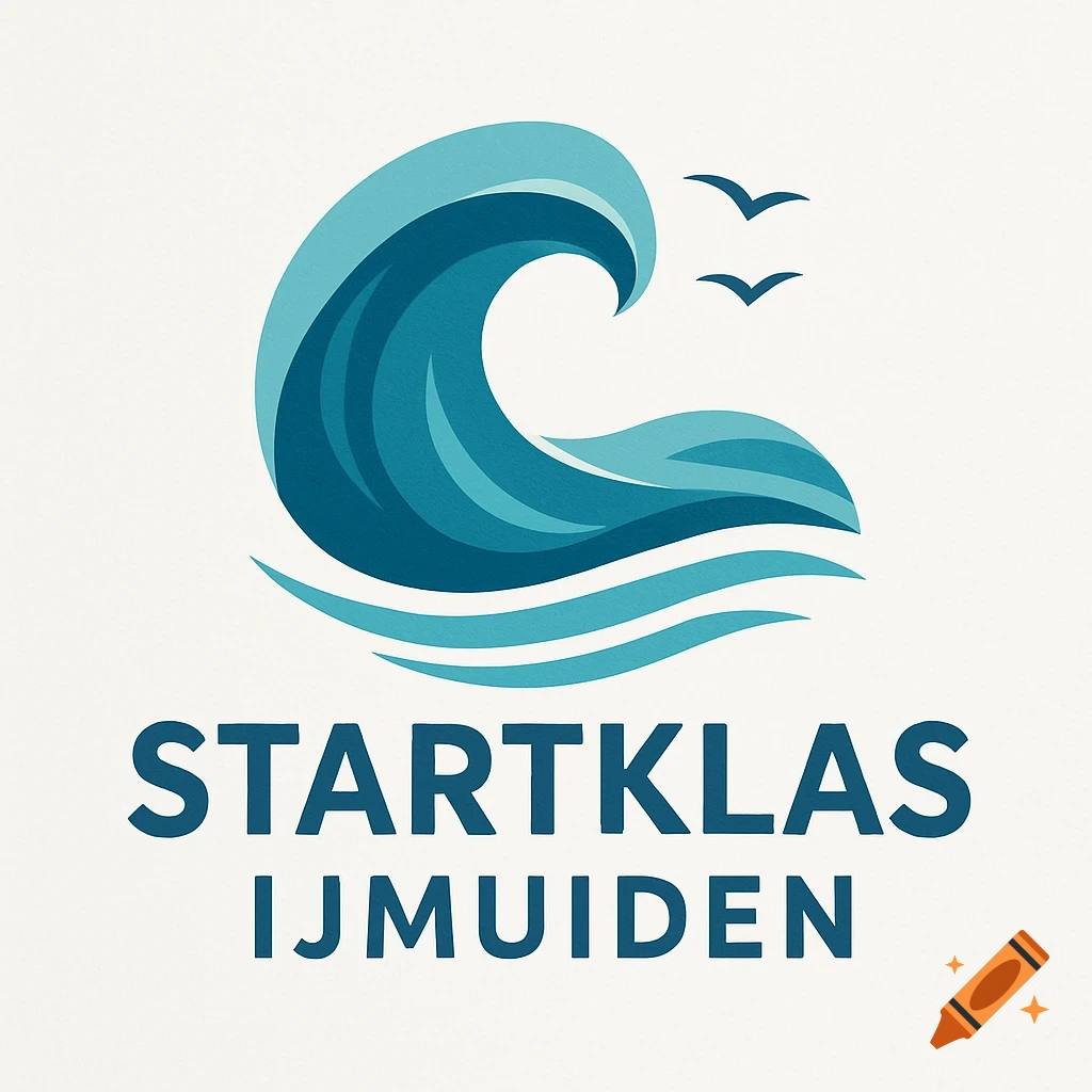 Minimalist logo for "Startklas IJmuiden" featuring a large blue wave and two small birds against a light background.