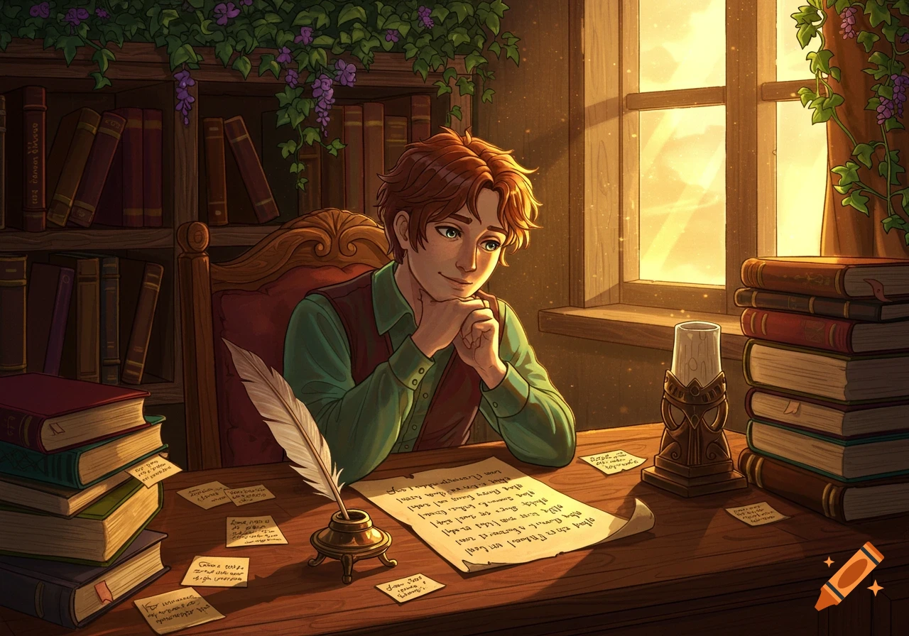 A thoughtful young man with red hair sits at a wooden desk, writing with a quill in a cozy library with many books, bathed in warm light.