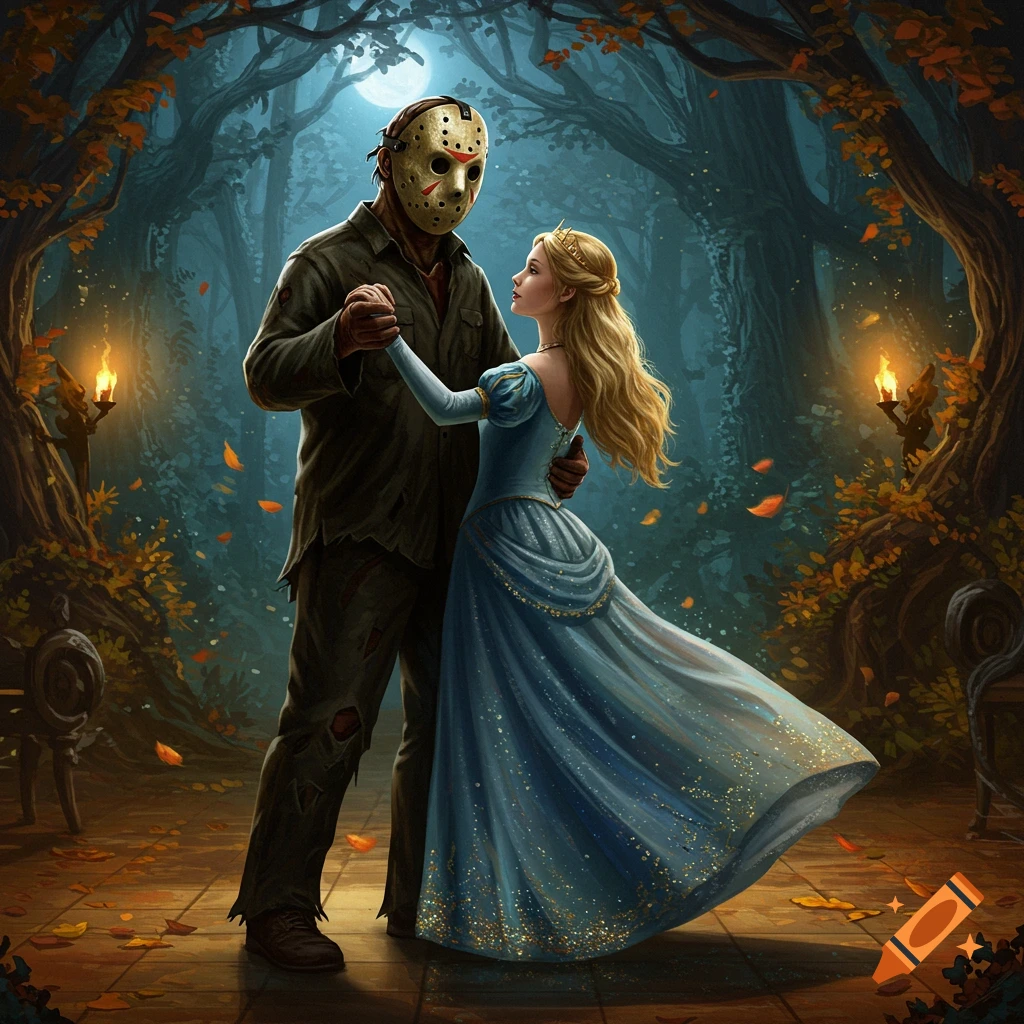 Jason Voorhees in a hockey mask dances with a princess in a blue gown in a moonlit, enchanted forest, digital painting.