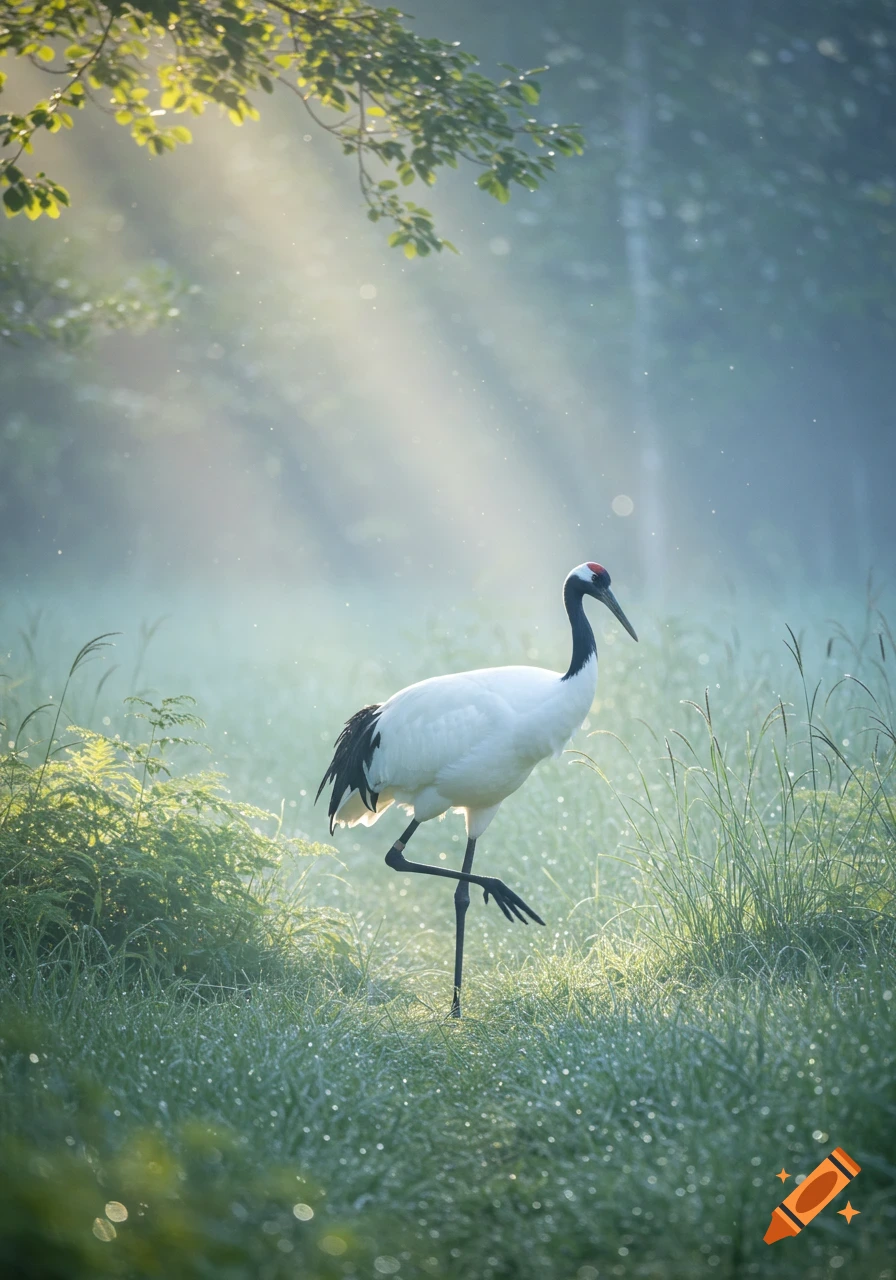 A red-crowned crane stands on one leg in a misty, dewy field with sunlight shining through tree branches.