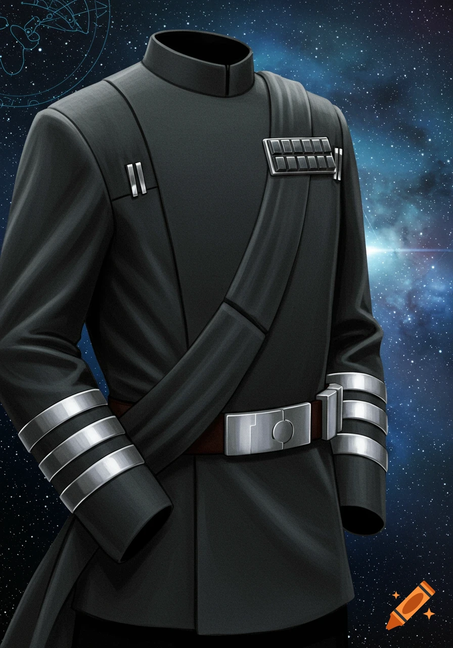 A dark gray Star Wars Republic naval officer's uniform with silver rank insignia, a diagonal sash, and silver cuff bands, against a starry space background.