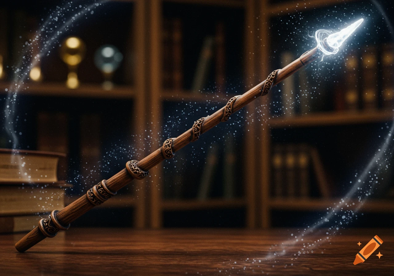 A detailed wooden magic wand with intricate metal bands and a glowing, crystalline tip, surrounded by sparkling magic, rests on a wooden table in a dimly lit library.