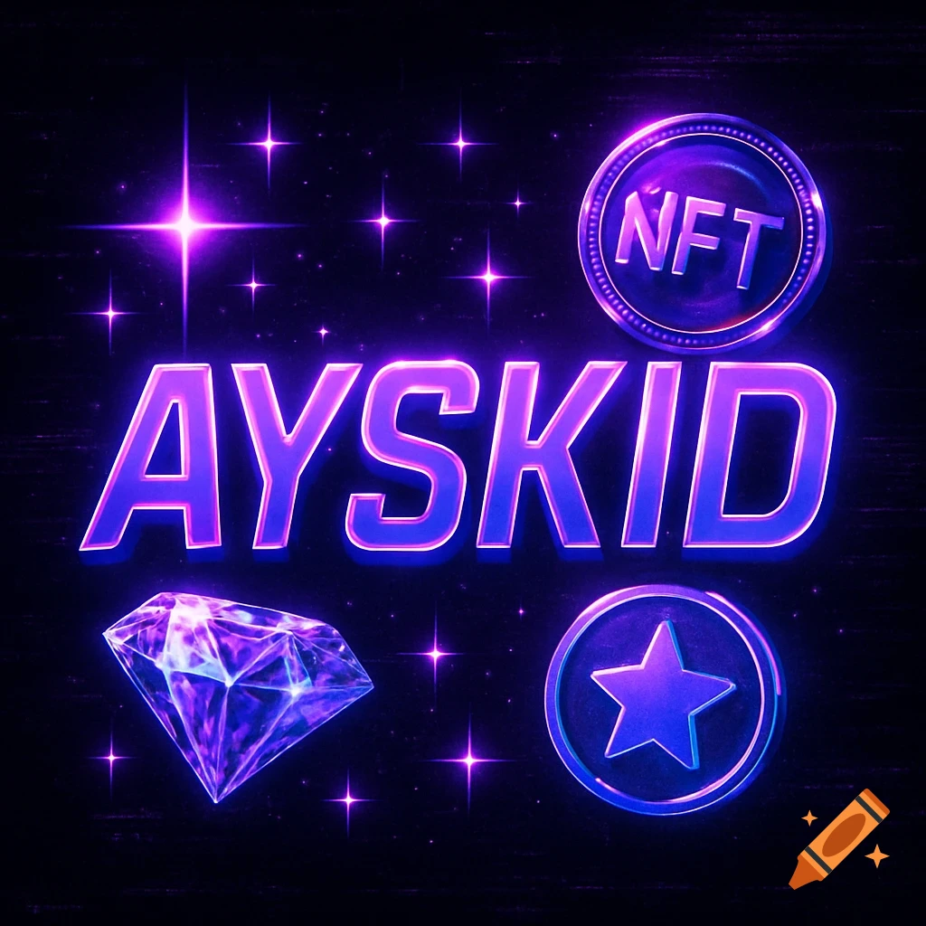 Glowing purple text 'AYSKID' with a diamond, an 'NFT' coin, and a star coin on a dark, star-filled background.