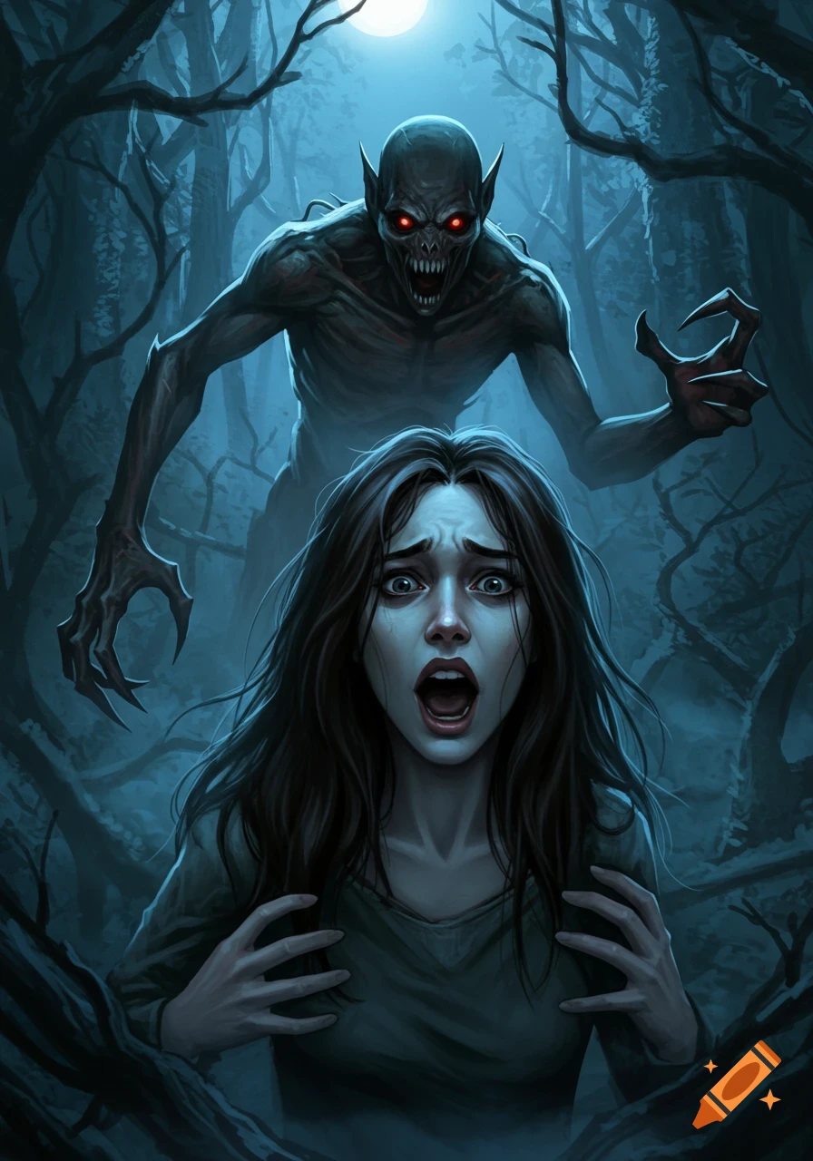 A terrified woman screams, pursued by a monstrous vampire-like creature with red eyes in a dark, moonlit forest, digital art.