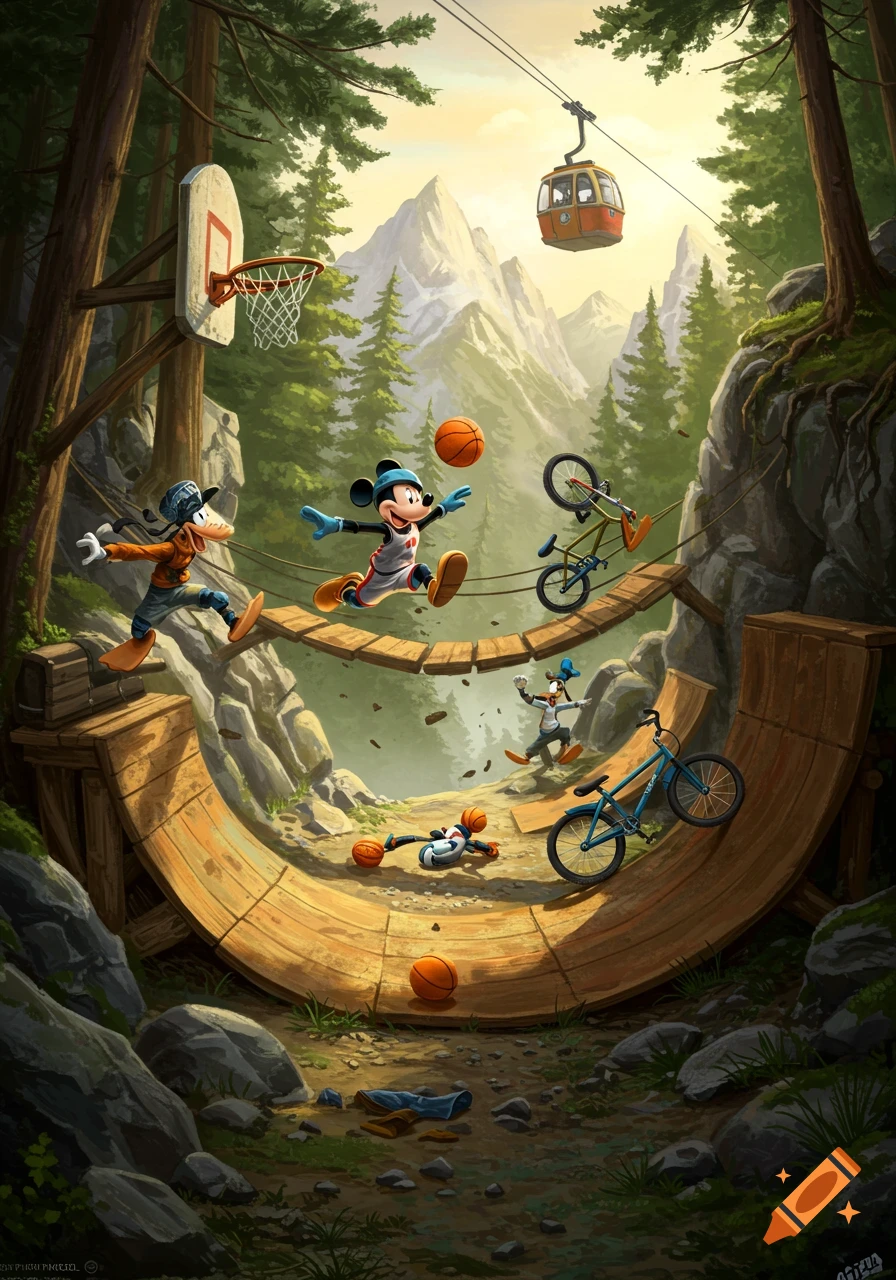 Mickey Mouse, Goofy, and Donald Duck play basketball and bike in a dynamic, rugged mountain forest with ramps and a cable car in a cartoon style.