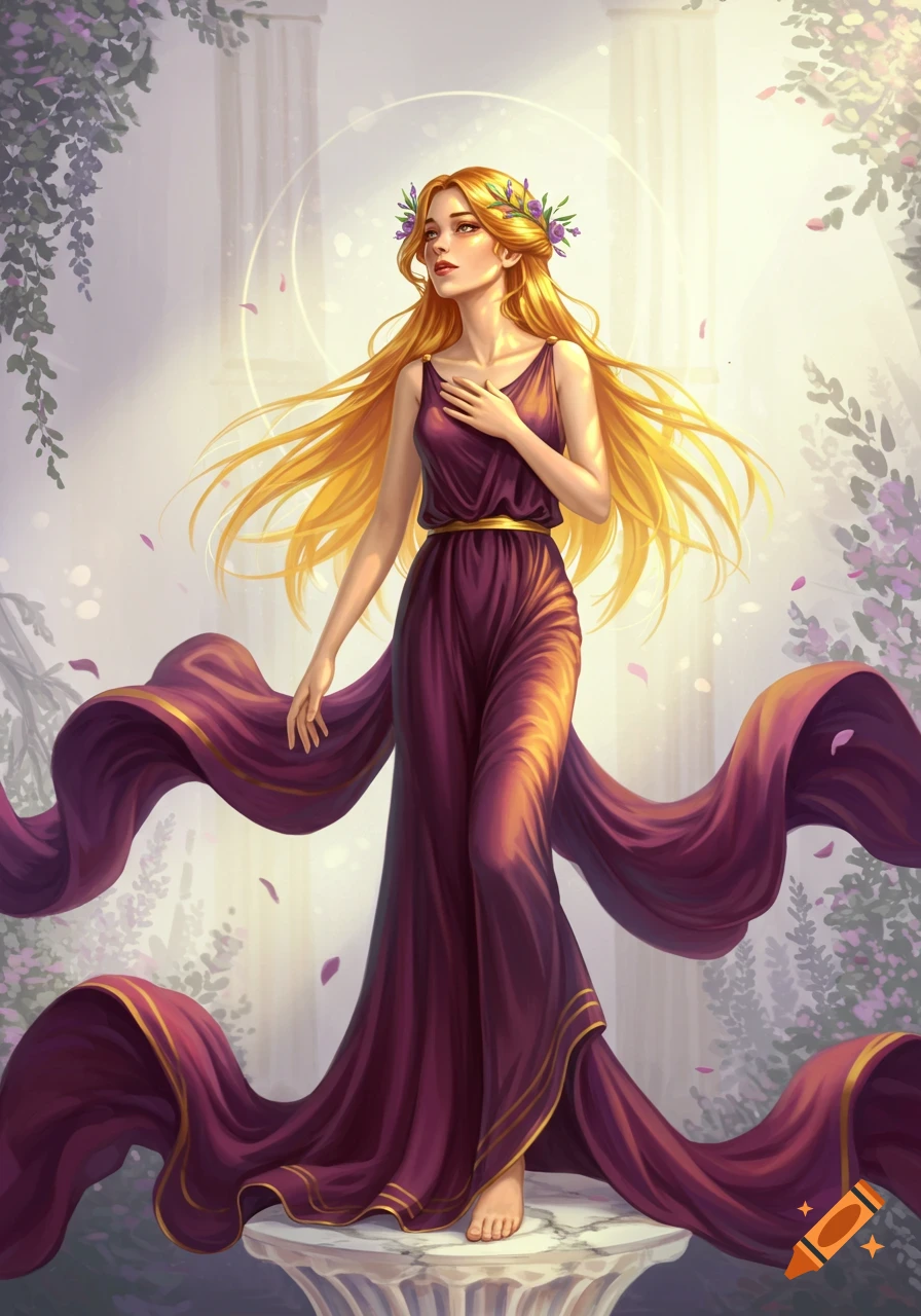 A graceful woman with long golden hair in a purple gown and flower crown stands on a marble pedestal, with classical pillars and glowing foliage.